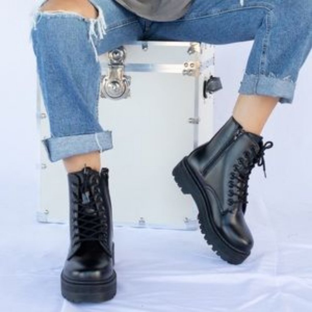 Black Faux Leather Combat Boots - Picture 2 of 7